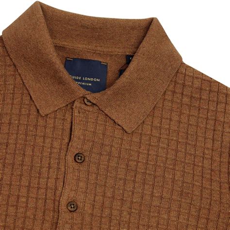GUIDE LONDON Men's 1960s Mod Waffle Knit Polo Shirt Rust