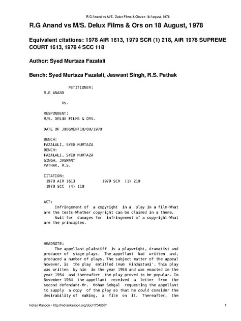 R.G. Anand vs. M.S. Delux Films: Copyright Infringement Case Analysis ...