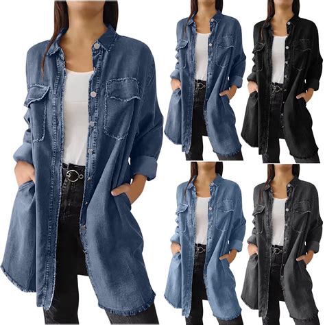 RQYYD Womens Classic Long Jean Jacket Plus Size Loose Long Sleeve ...