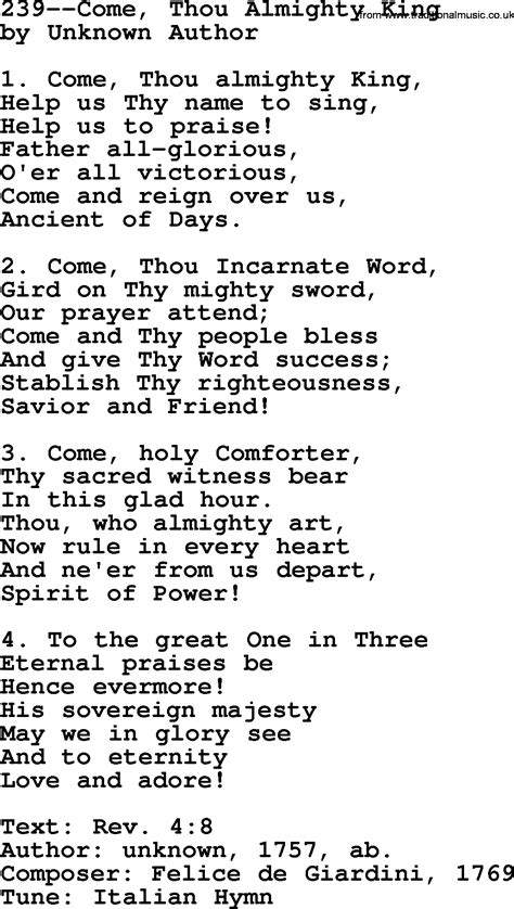 Lutheran Hymns, Song:239--Come, Thou Almighty King - lyrics and PDF