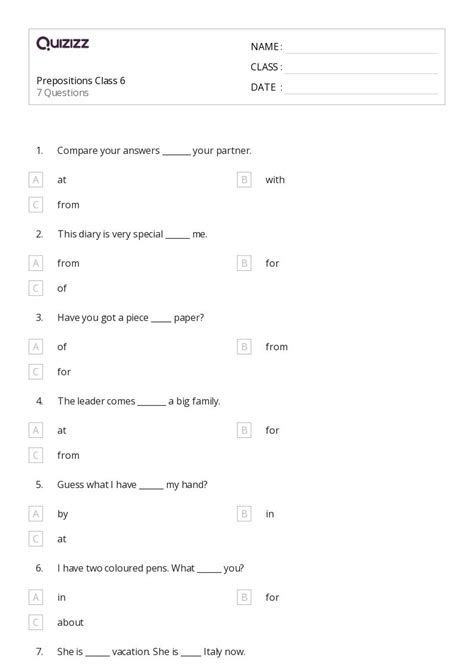 50+ Prepositions worksheets for 6th Class on Quizizz | Free & Printable