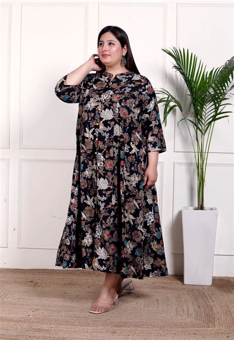 Plus Size Black Cotton Blend Goldn Print Aline Kurta-4100050 - Swasti ...