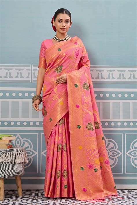 Buy Cherry Pink Woven Banarasi Saree Online - MySilkLove