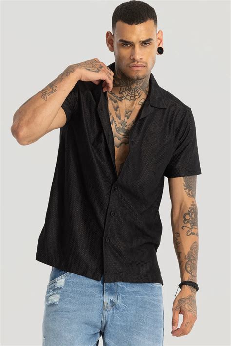 Buy Men's Black Cuban Textured shirt Online | Snitch – SNITCH