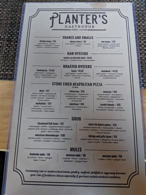 Menu at Planters Gastropub, Monroe