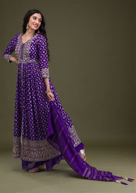 Buy Purple Zariwork Art Silk Readymade Salwar Suit - Koskii