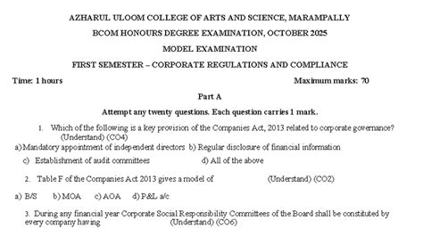 BCOM 1st Sem Model Exam: Corporate Regulations & Compliance QP - Studocu