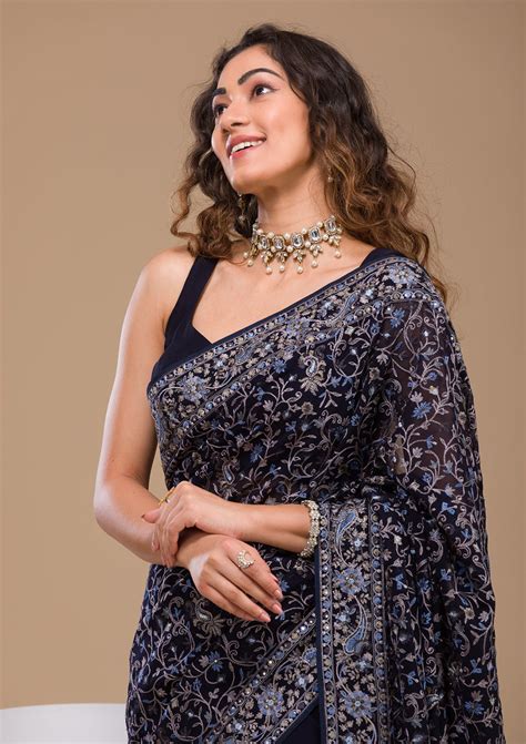 Buy Navy Blue Threadwork Georgette Saree - Koskii