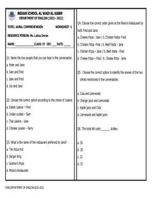 Fillable Online Choose the correct order given at the Marios Restaurant ...