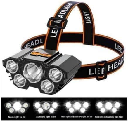 5LED Headlight Flashlight Rechargeable Light with Flashing for Outdoor ...