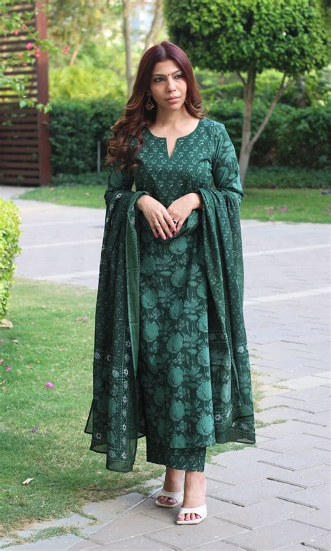 Cotton Block Print Bottle Green Suit Set with Printed Cotton Dupatta ...