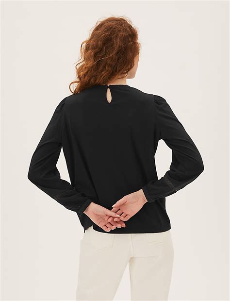 Buy Pure Cotton Lace Insert Long Sleeve Top at Marks & Spencer