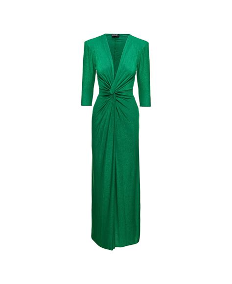 Liu-Jo Maxi Green Dress With Gathering And V Neckline In Lurex Woman ...