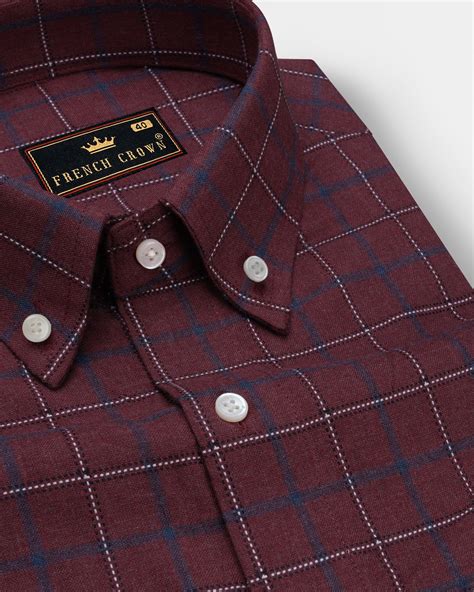 Merlot Red Formal Checks-Plaid Premium Cotton Button-Down Shirt For Men ...
