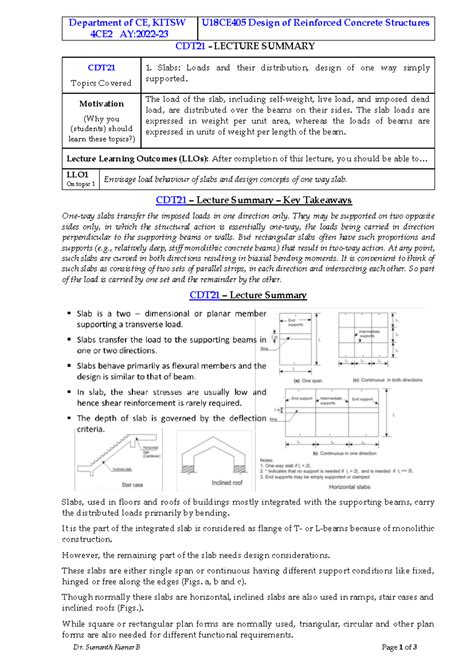 U18CE405 CDT21 - Lecture Summary on One Way Slabs Design - Studocu