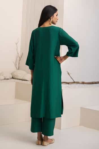 Buy Green Piping Notched Neck Dark Ganga Kurta Set For Women by Tuli ...