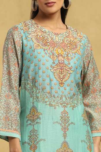 Buy Blue Cotton, Silk Embroidery, Tassels Round Neck Blossom Print ...