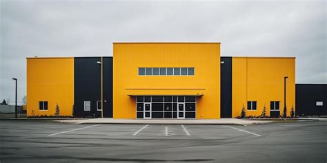 The bright exterior of a factory in a yellow color in the style of dark ...