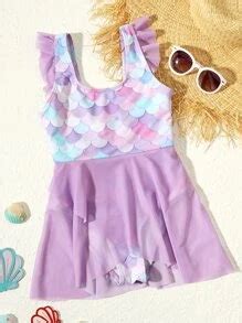 SHEIN Tween Girl Fish Scale Print Ruffle One Piece Swimsuit Summer ...