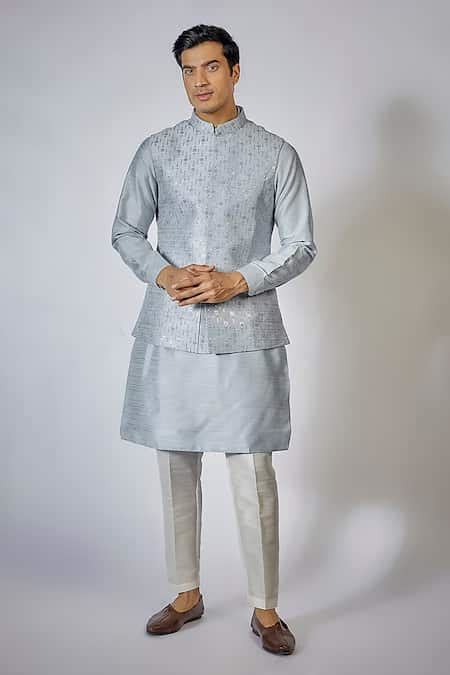 Buy Blue Raw Silk Embroidered Thread And Sequin Work Geometric Bundi ...