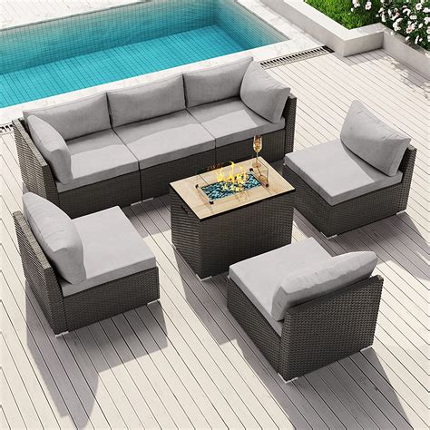 Modenzi Patio Furniture Outdoor Sectional with Propane Fire Pit Table ...