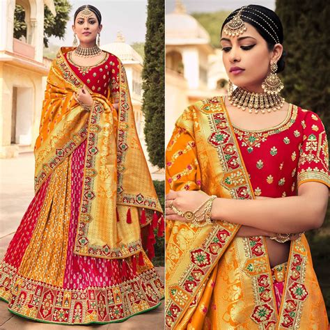 Orange & Rose Pink Wedding Wear Woven-Embellished Banarasi Silk Lehenga ...