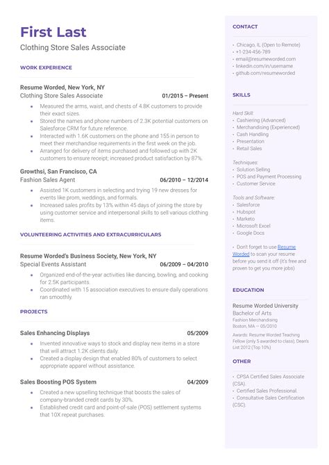 Clothing Store Sales Associate Resume Examples for 2025 | Resume Worded