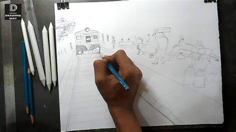 Railway Station Drawing Local Train 的图像结果