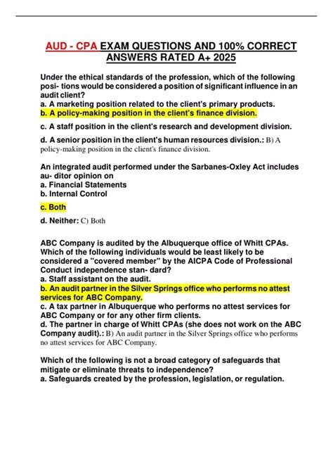 AUD - CPA EXAM QUESTIONS AND 100% CORRECT ANSWERS RATED A+ 2025 - AUD ...