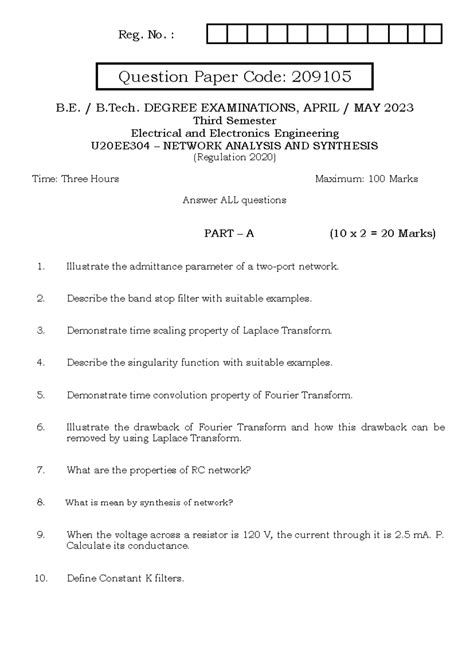 U20EE304 - Network Analysis & Synthesis - Question Paper - Apr 2023 ...