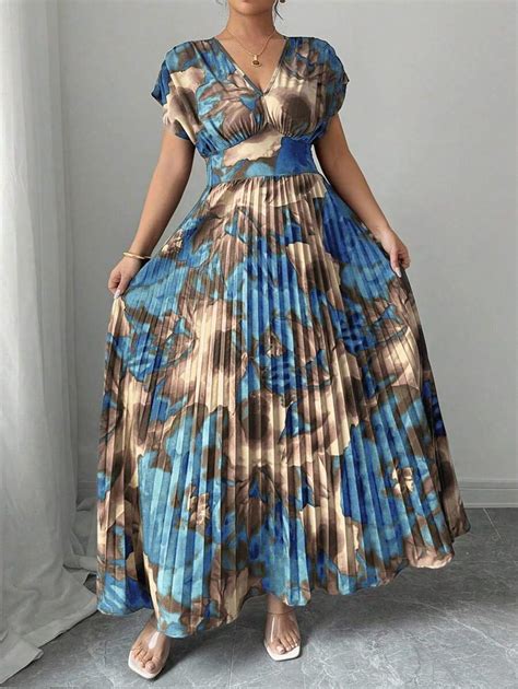 Elenzga Plus Size Women's Vacation Elegant Print Pleated Shirred A-Line ...