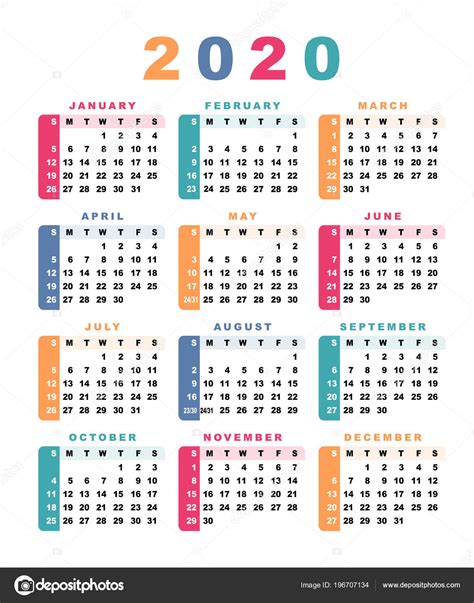 Calendar 2020 Week Starts Sunday Vector Illustration — Stock Vector ...