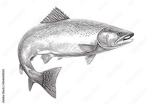 Salmon fish sketch hand drawn line art Vector illustration. Stock ...
