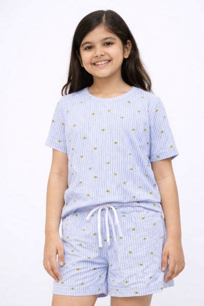 Girls' Lavender Striped Palm Tree Print T-Shirt & Shorts Loungewear Set