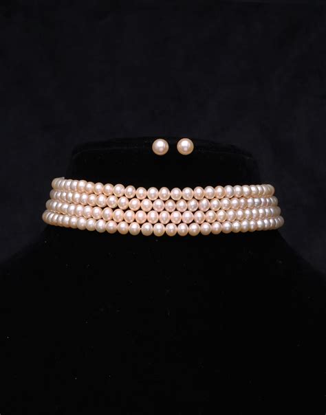 Beautiful 4 Line Freshwater Pink Pearl Choker Necklace Set – Mangatrai ...