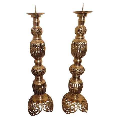 Monumental Japanese James Mont Style Large Solid Brass Candle Holders ...