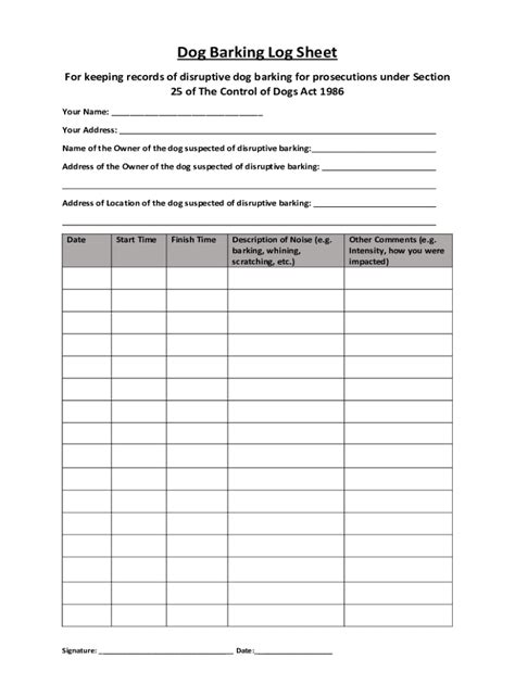 Dog Barking Log Sheet - Fill Out, Sign & Share Online | pdfFiller