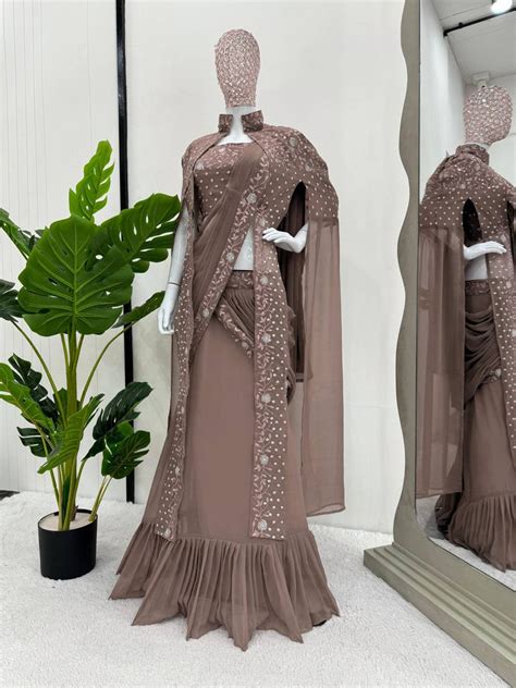 Dusty Brown Ready-to-Wear Lehenga Saree – Effortless Eleganc