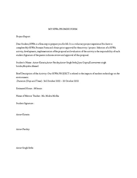SEWA Project Report: My SEWA Promise Form Overview - Studocu