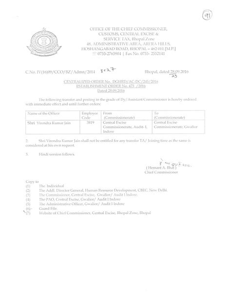 Chief Commissioner Customs, Central Excise & Central GST, Bhopal Zone ...