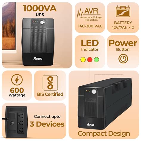 Foxin 1000VA/600W UPS - Uninterrupted Power Supply with Overload ...