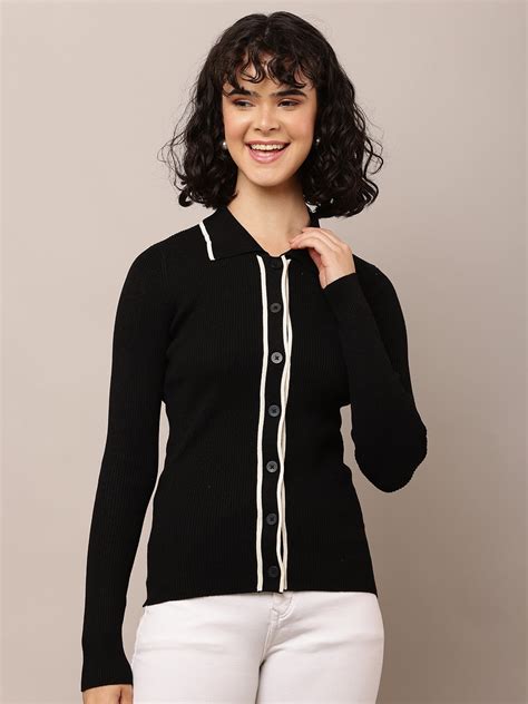 Women Shirt Collar Ribbed Black Shirt – FYVA