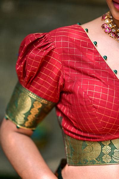 Chili red deep V neck checked blouse with puff sleeves in Chettinad co