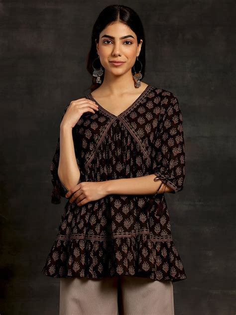 Buy Black Printed Cotton A-Line Kurti Online at Rs.524 | Libas