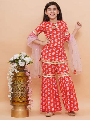 Buy PICCOLO Printed Kurti and Sharara with Dupatta Lace Details Red ...