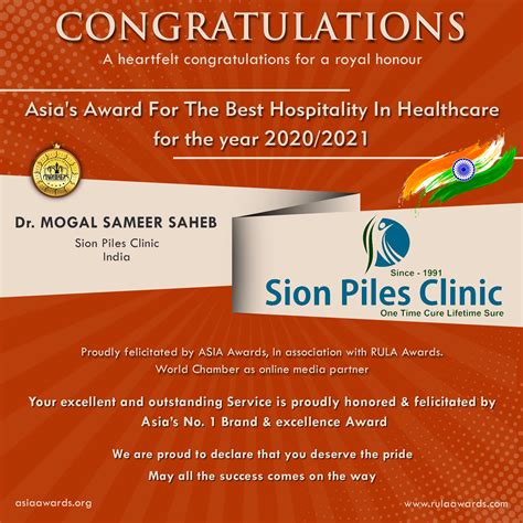 Sion Piles Clinic has bagged Asia's Award For the Best Hospitality In ...