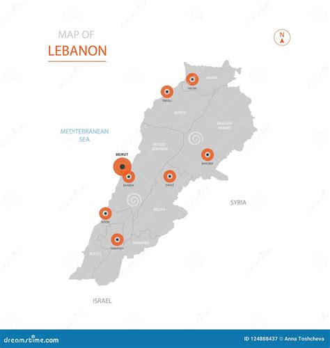 Vector Map Of Lebanon. High Detailed Country Map With Division, Cities And Capital Beirut ...