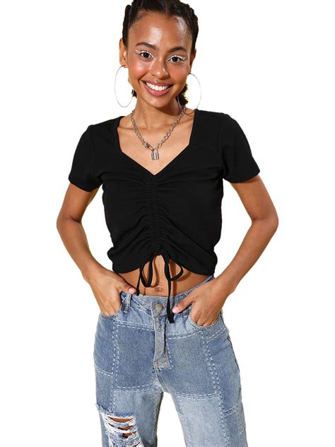 Women's Drawstring Crop Top- Black – Stylestone