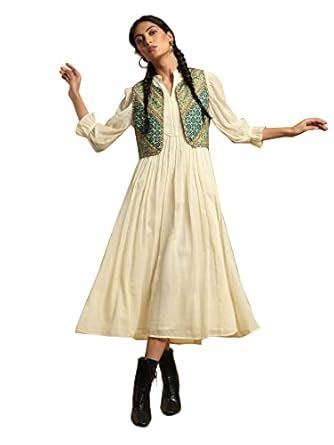 Buy Ritu Kumar Off White A-Line Long Dress with Embroidered Waist Coat ...