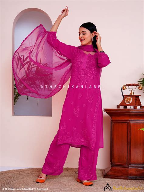 Hot Pink Liyana Viscose Chikankari Straight Kurta Set with Dupatta